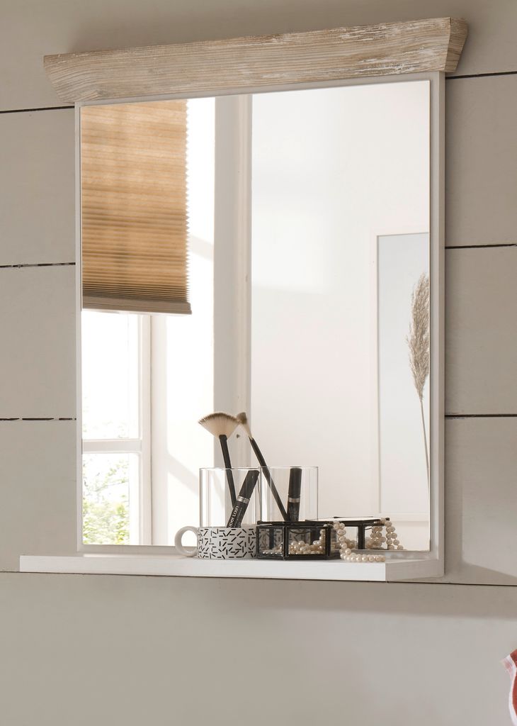 Badezimmer Spiegel "Rovola" in Pinie weiß / Oslo Pinie Landhaus Badspiegel mit Ablage