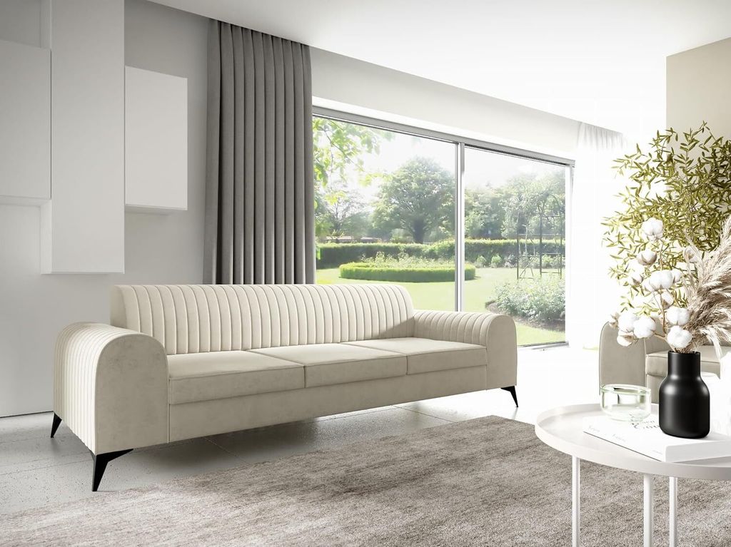 LIKMA Ekrü 3 Sitzer Samt Sofa Elsa 234x77x93 cm 3-er Couchgarnitur Hydrophobe Beschichtung Velvet Moderne Wohnzimmer Couch Velours Glamour Design ...