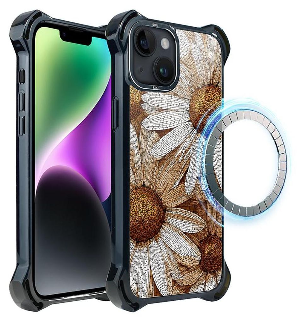 Schutzhülle für das iPhone 14 Plus, MagSafe-kompatibel, verstärkte Ecken, schwarz, Mosaik, Kamille