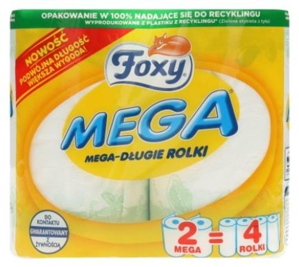 A package of Foxy Mega toilet paper rolls.