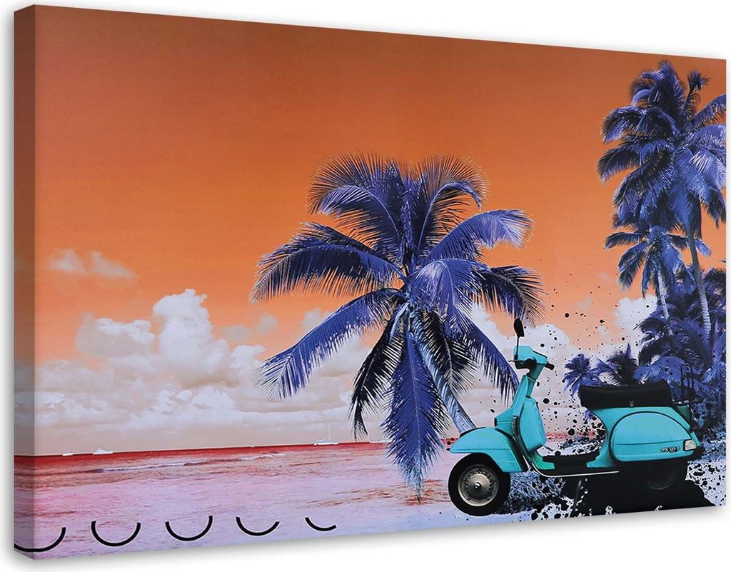 Leinwandbild palmen und ein minzmoped - collage 90x60 cm Feeby orange wandbild bereit zum aufhängen