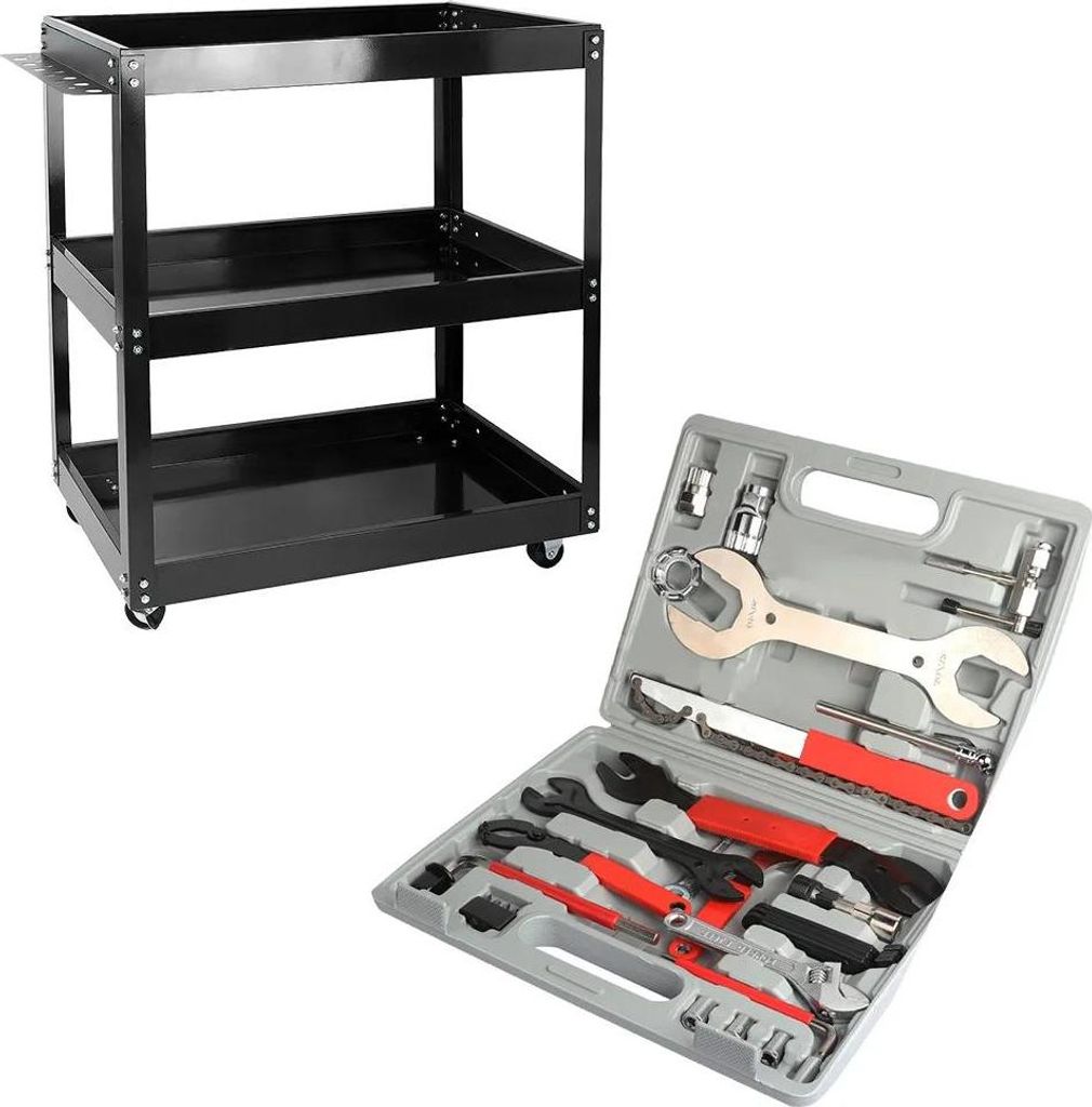 Werkstattwagen + Fahrrad-Reparaturset - Werkzeugset - 3 Ebenen - 44 Teile - Für Fahrradwartung - Mit Schlüsseln - Mechanische Wartung - Schwarz