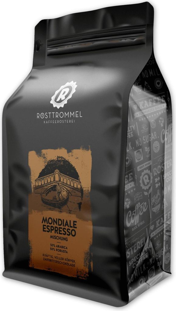 RÖSTTROMMEL Mondiale, ESPRESSO, Ganze Kaffee-Bohnen 1kg, 50% Arabica, 50% Robusta, Röstung 8/10, 50% Brasilien, 50% Indien, Geschmack: cremig - k...