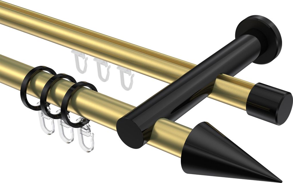 Interdeco Rundrohr-Innenlaufstange / Gardinenstange (Kombination) Messing-Optik / Schwarz, Typ Platon Savio (Kegel), 20 mm Ø 2-läufig, 260 cm