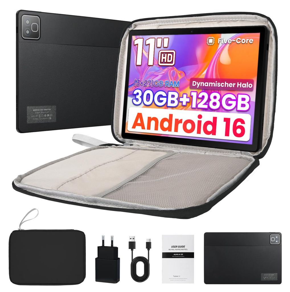 Tablet 11 Zoll, Android 16, 30(3+27)GB RAM, 128 GB ROM, HD 1280x800, Widevine L1, 7800 mAh, 5G WiFi, mit Tasche