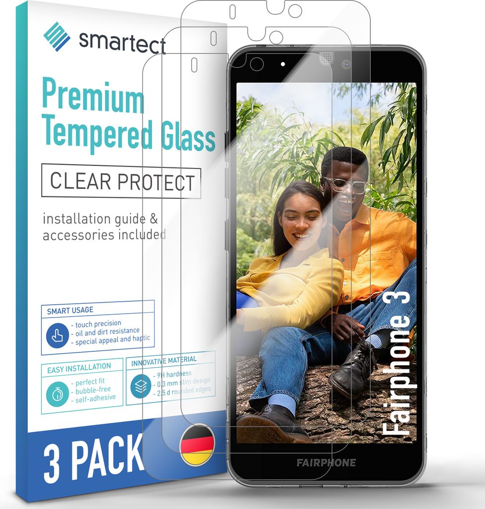 A product shot of screen protectors for a Fairphone 3, with a phone displaying a couple in a park as a background image.
