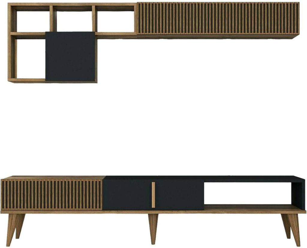Wohnzimmermöbel Gemini, Modulares Wohnzimmerset, Mehrzweck-Wohnzimmermöbel, Moderner TV-Schrank, 180x35h40 cm, Walnuss und Anthrazit