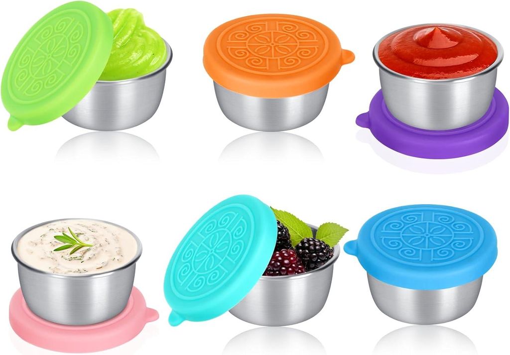 Set mit 6 Edelstahl-Saucentöpfchen (50 ml) mit Silikondeckeln, kleine auslaufsichere Behälter für Gewürze