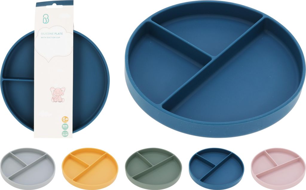 Silicone plate 3 compartments with suction cup 5 asst color | 6 Stück