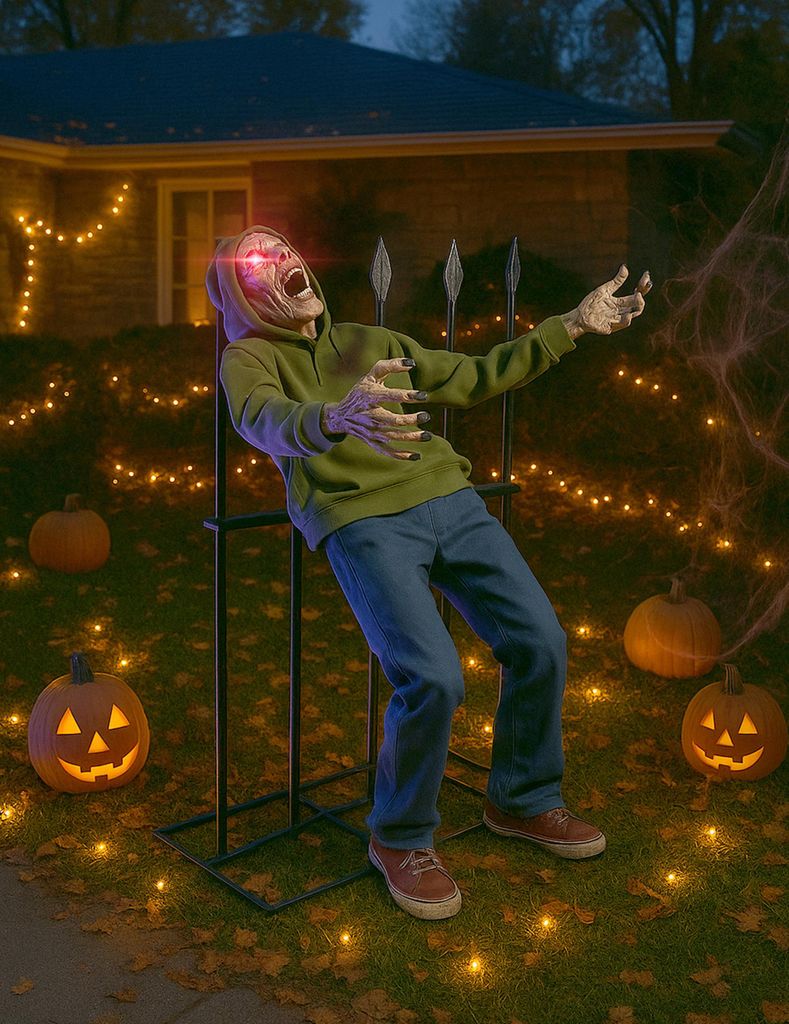 Animatronic Aufgespießter Zombie mit Sound und Licht für Halloween, 1,4m -