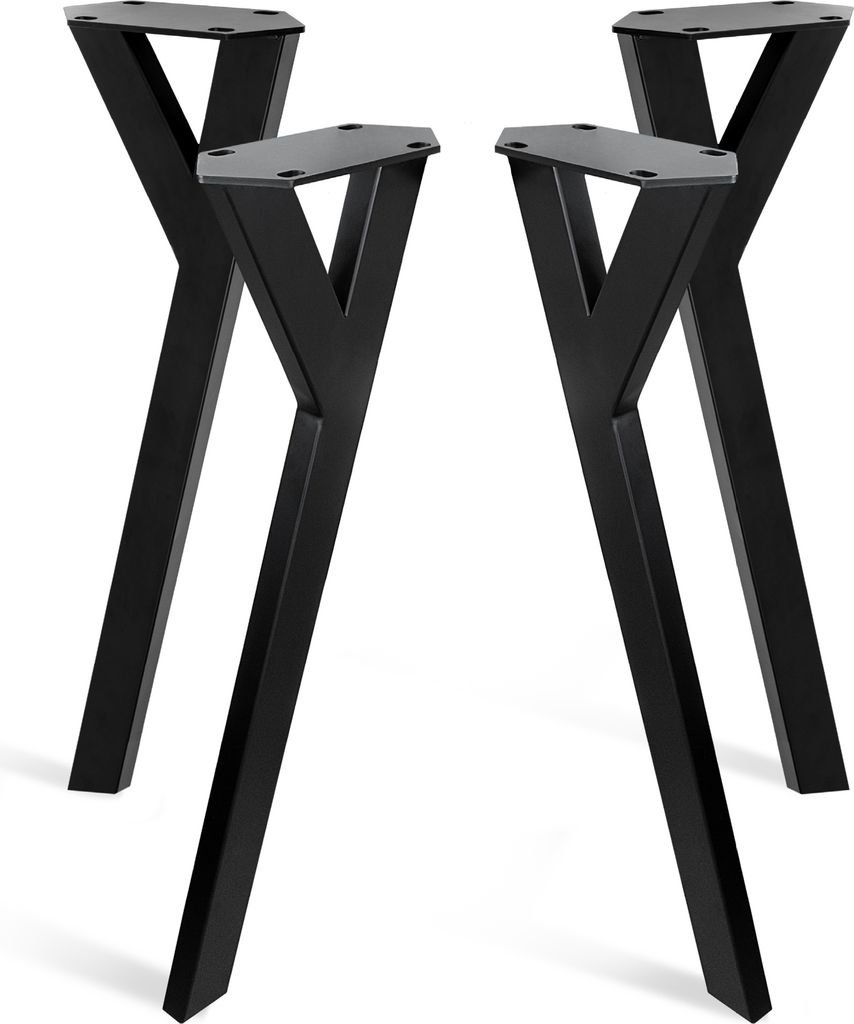 Four black metal table legs with a Y-shape design are arranged in a studio setting against a white background.