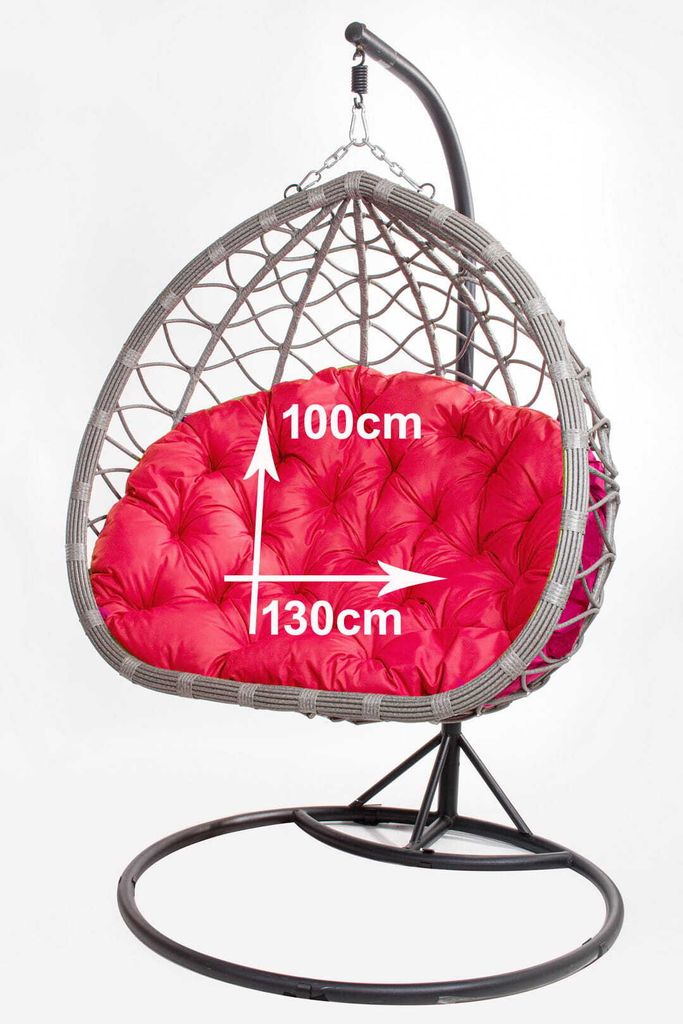 A hanging egg chair with a red cushion, showing dimensions.