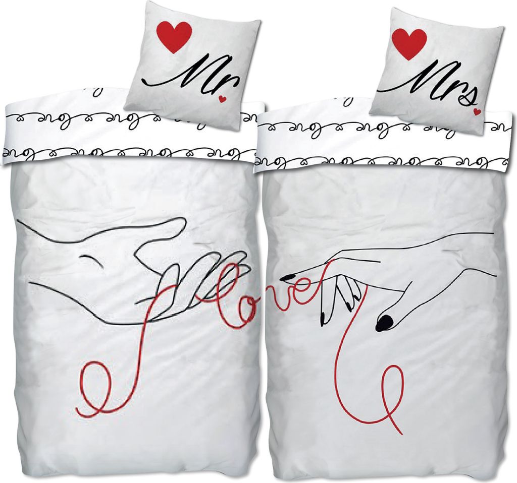 Two duvet covers and pillowcases with a romantic theme, featuring line drawings of hands and the word 'love'.