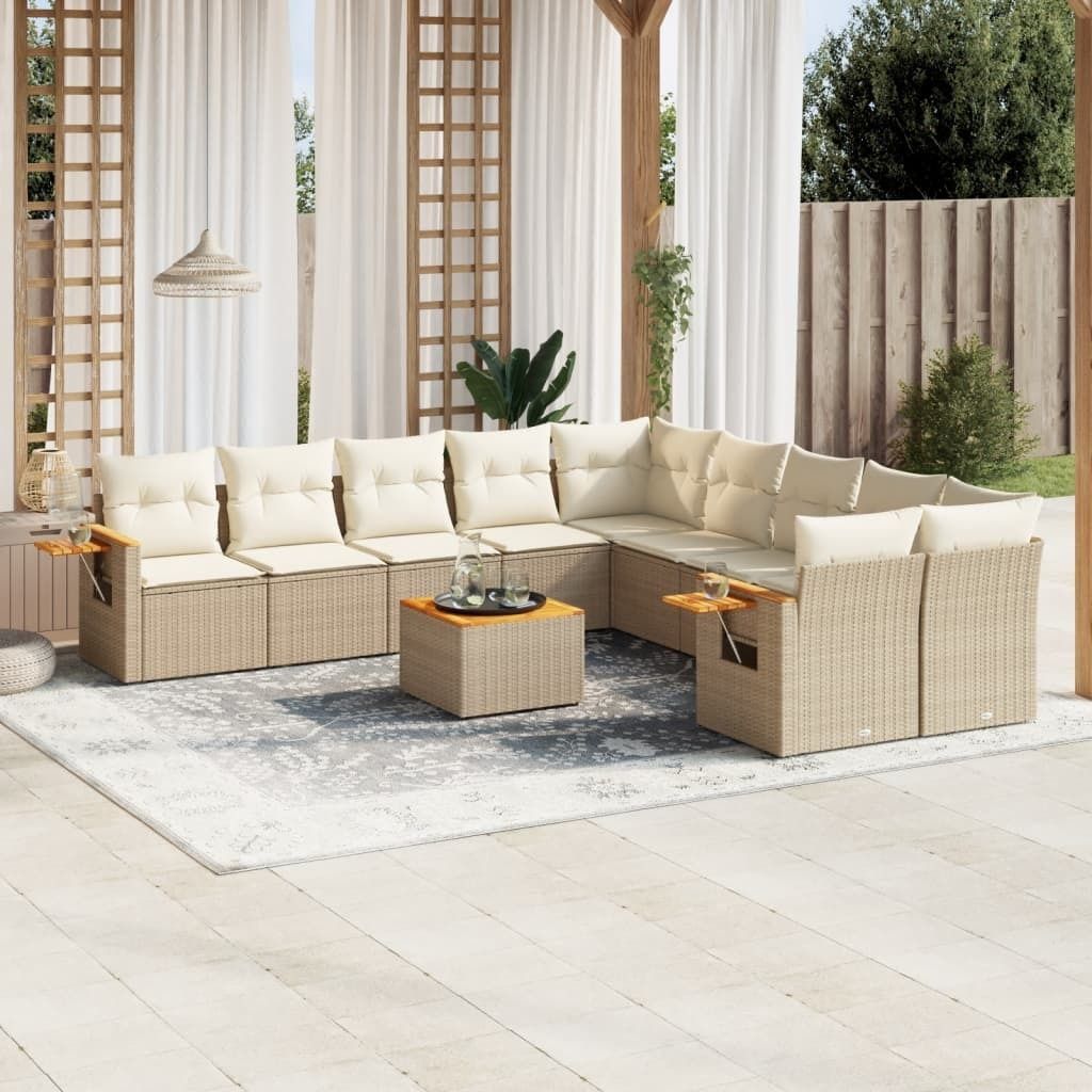 Design 11-tlg. Garten-Sofagarnitur mit Kissen Beige Poly Rattan, Gartenmöbel-Sets 2024 Neu