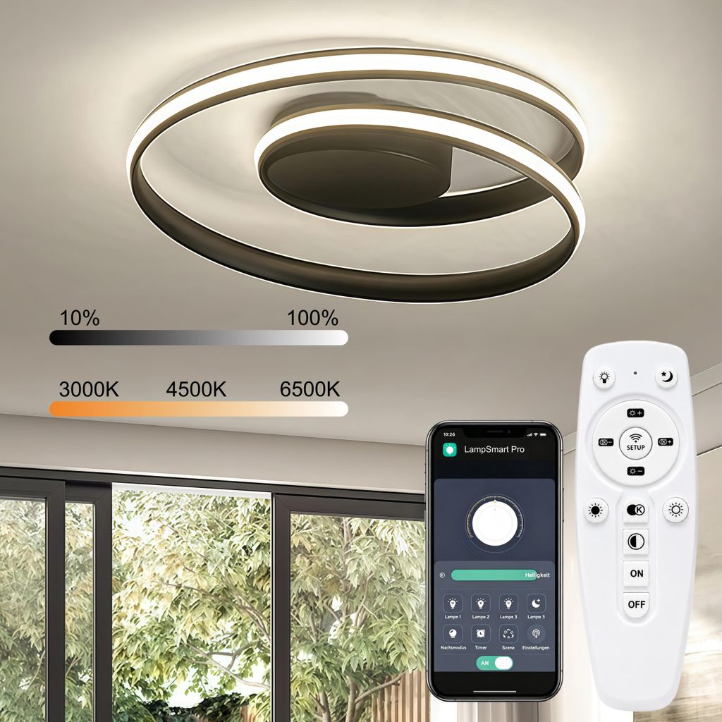 Smart LED Deckenleuchte Schwarz Ø50cm, Deckenlampe mit APP Produktbild 