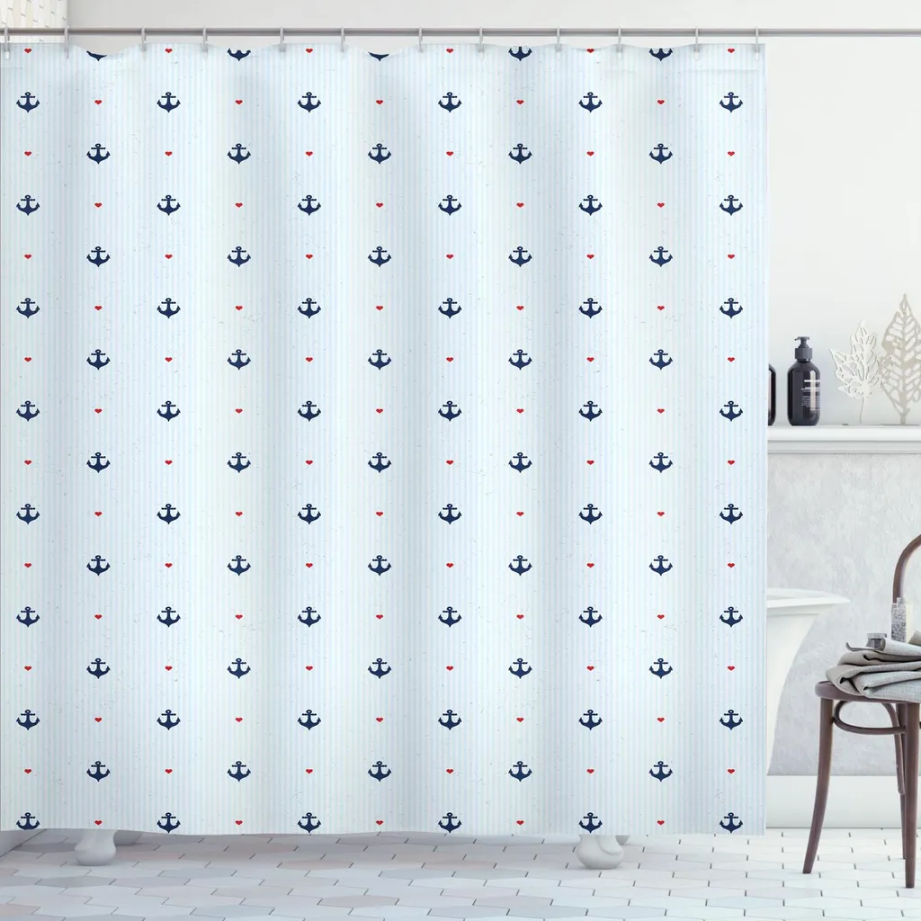 ABAKUHAUS Tenda Doccia Ancore e Cuori 175x220cm - Stile Nautico Blu