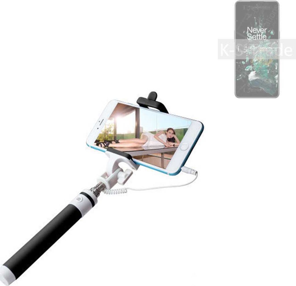 K-S-Trade Selfie Stick kompatibel mit OnePlus 10T Selfiestick kabelgebunden Monopod mit Kabel Stab Stange Selfportrait Handheldstick schwarz 1x