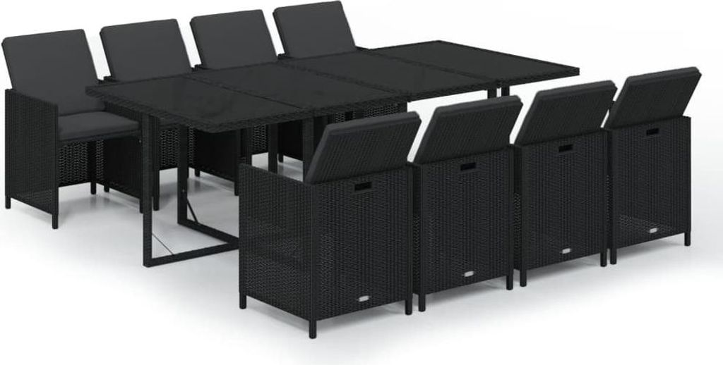 vidaXL 9-tlg. Garten-Essgruppe mit Kissen Poly Rattan Schwarz