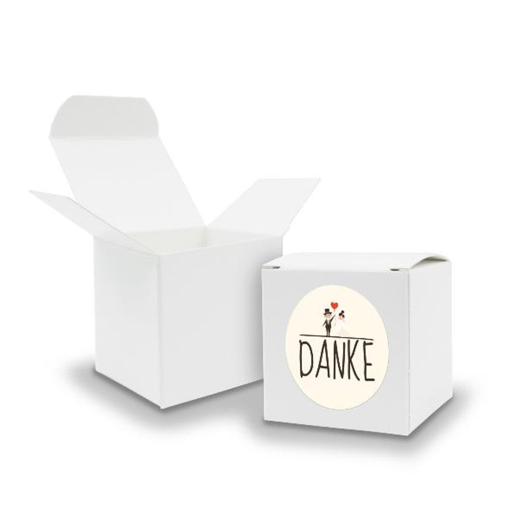 SET DANKE Hochzeitspaar (Motiv24) 24x Faltschachtel Würfel 6,5cm weiß + Sticker