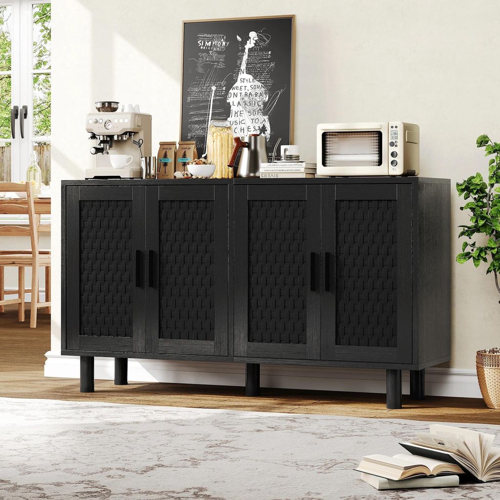 Sideboard in Rattan-Optik - Wohnzimmerschrank - 4 Türen - Holzrahmen - Moderner Stil - Selbstmontage - Schwarz