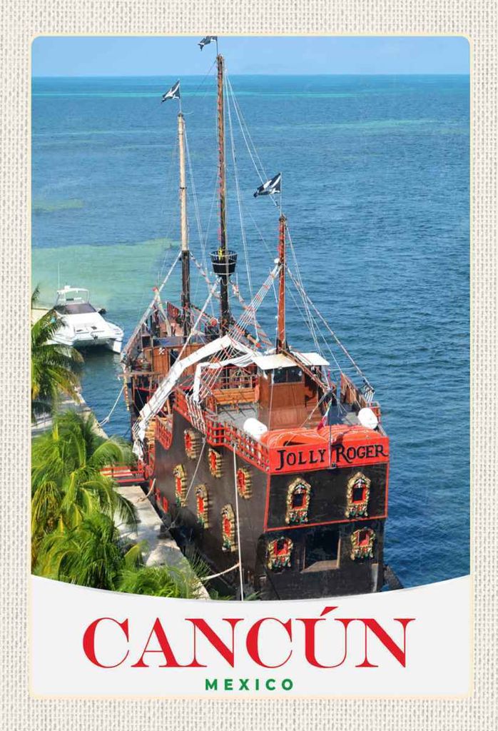 vianmo Holzschild 30x20 cm Cancun Mexiko Schiff Jolly Roger Bildmotiv Reisemotiv Abenteuer Reisen
