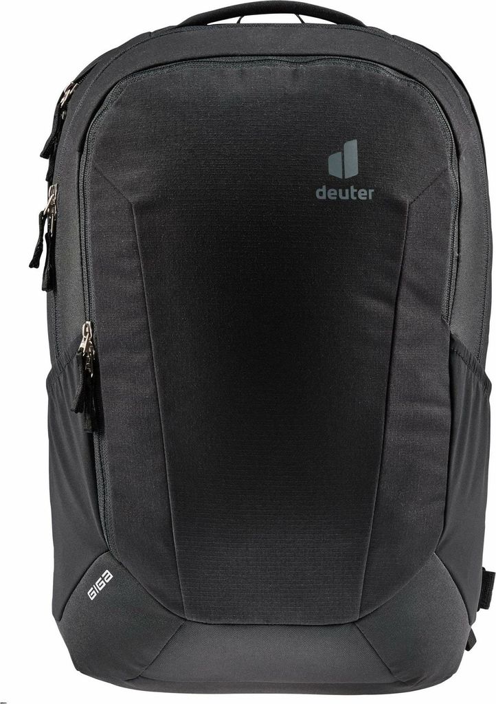 A black Deuter backpack is shown from the front against a white background.
