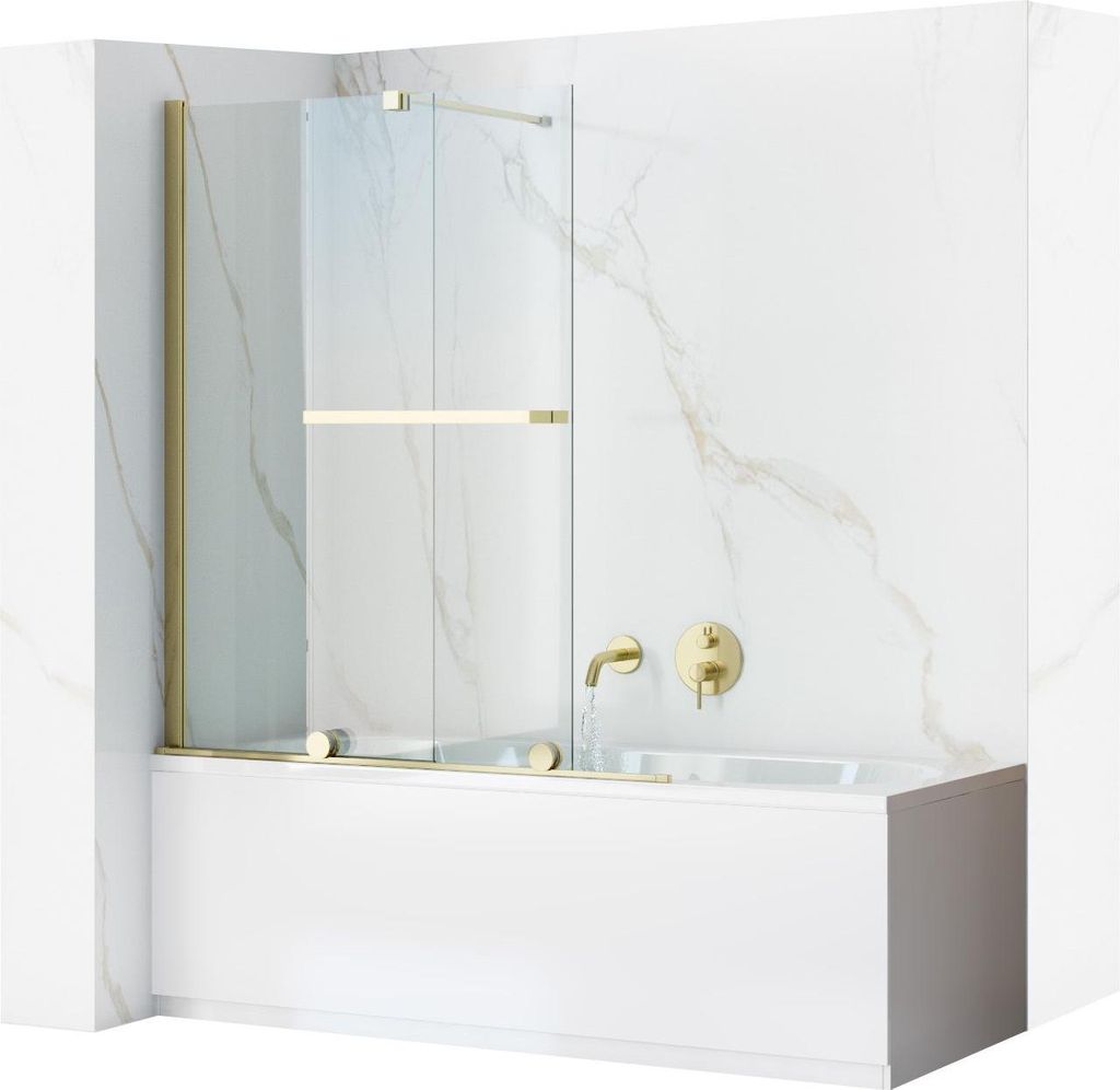 A modern bathroom with a bathtub and a glass shower screen.