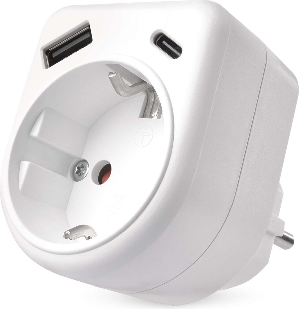 EMOS Schuko-Steckdosenadapter mit USB Ports, 1-fach Steckdose mit USB A und C Anschluss, max. 3A/15W, IP20 für Innen, 3680W, weiß, P0075