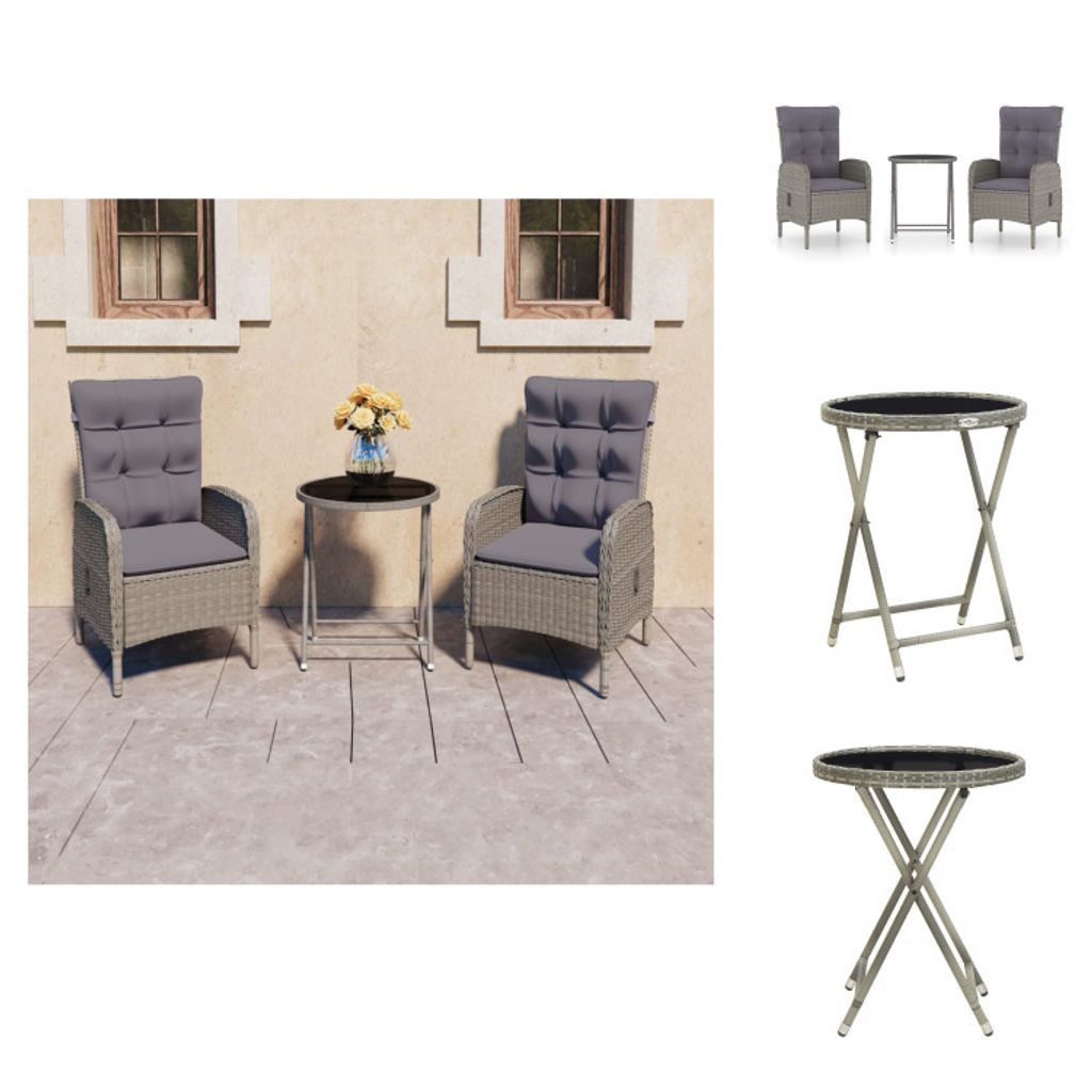 vidaXL 3-tlg. Bistro-Set Poly Rattan und Glas Grau - Gartenmöbel-Sets