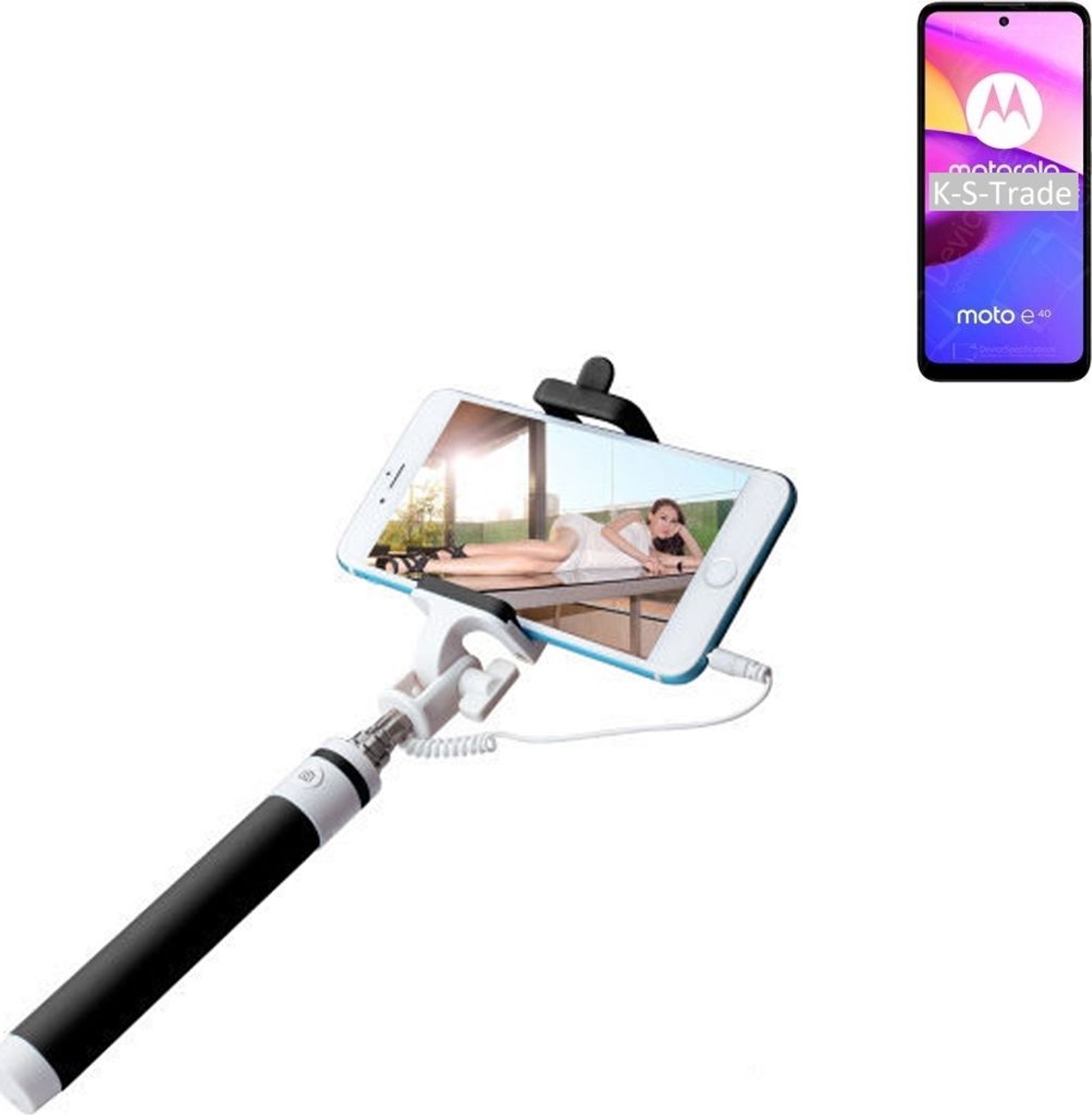 K-S-Trade Selfie Stick kompatibel mit Motorola Moto E40 Selfiestick kabelgebunden Monopod mit Kabel Stab Stange Selfportrait Handheldstick schwarz 1x