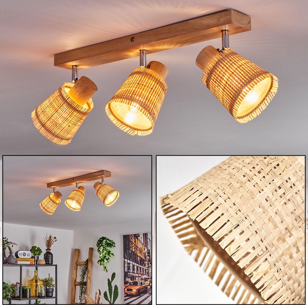 Vercelli moderne Deckenlampe aus Holz/Bast in Naturfarben/Chromfarben
