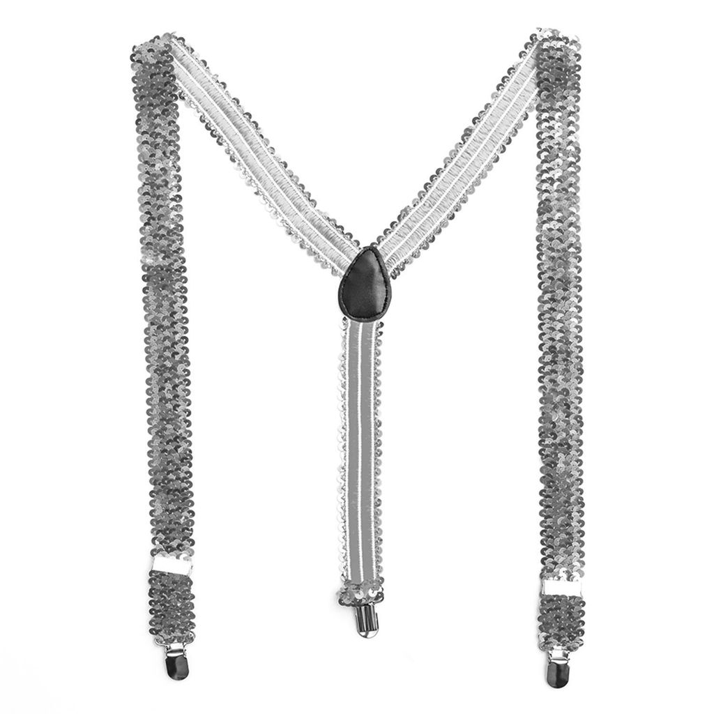 Party Factory Pailletten Hosenträger, silber Glitzer, 50-90cm, für Damen und Herren, Glamour Accessoire, bis 195cm Körpergröße