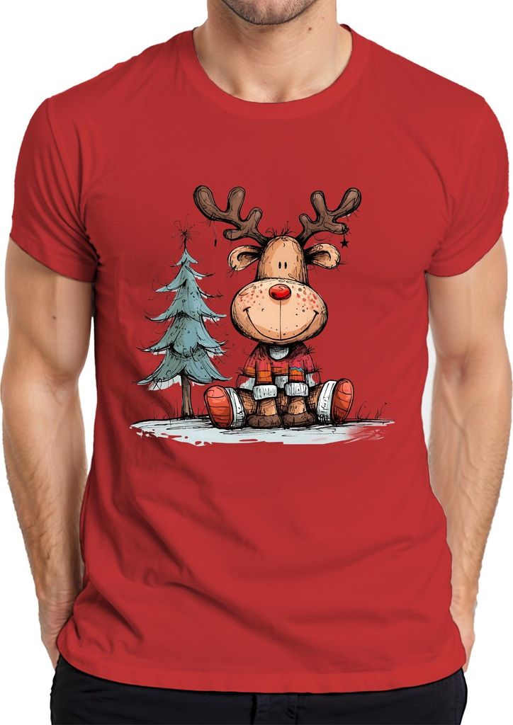 Lustiges Rentier mit roter Nase Weihnachtsbaum Geschenk Winter Herren T-Shirt, Rot, XXL