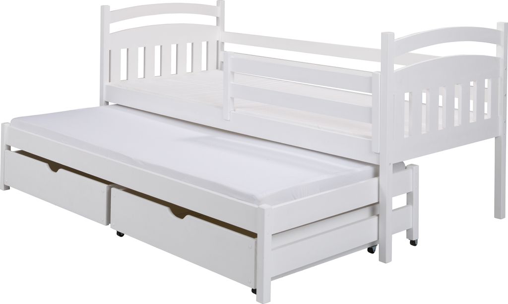 KEF Kinderbett MARCO Bett aus Holz mit Stauraum für Kinderzimmer Ausziehbett für ZWEI Personen Weiß ohne Matratze 90x200 cm