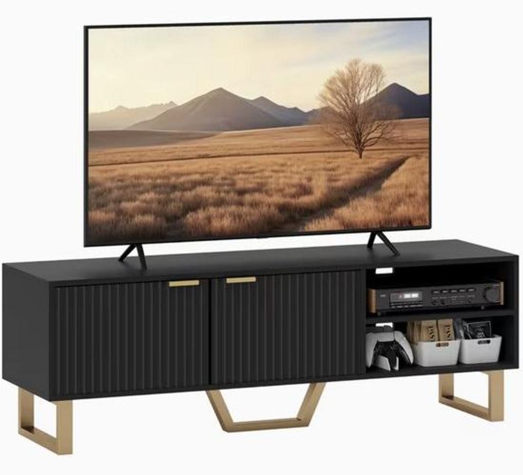Holz-TV-Ständer für TVs bis 70 Zoll – Schwarz – Mit 2 geriffelten Türen und offener Schrank – 140 x 39 x 47 cm