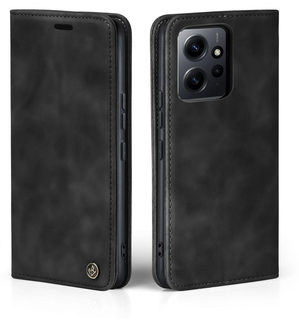 A black flip case for a smartphone is shown from two angles, closed and open.
