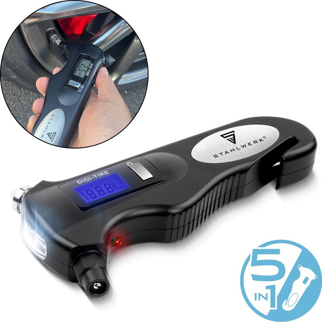STAHLWERK 5-in-1 Reifendruckprüfer mit LED-Licht – Digitaler Luftdruckprüfer