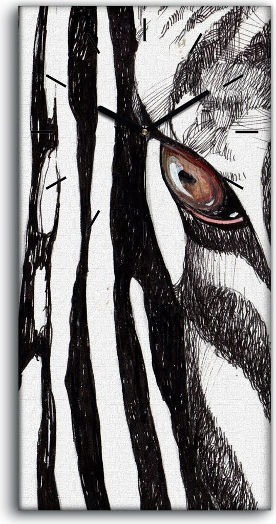 Wohnzimmer-Bild Leinwand Uhr Geräuschlos 30x60 Gemälde Tier Zebra Streifen Kunst - schwarze Hände
