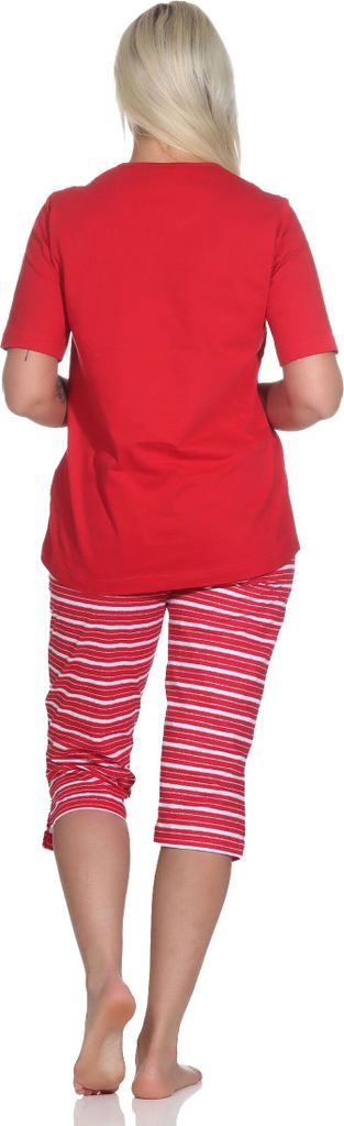 Maritimer Damen kurzarm Capri Schlafanzug mit Leuchtturm als Motiv - auch in Übergrössen ; rot , 32