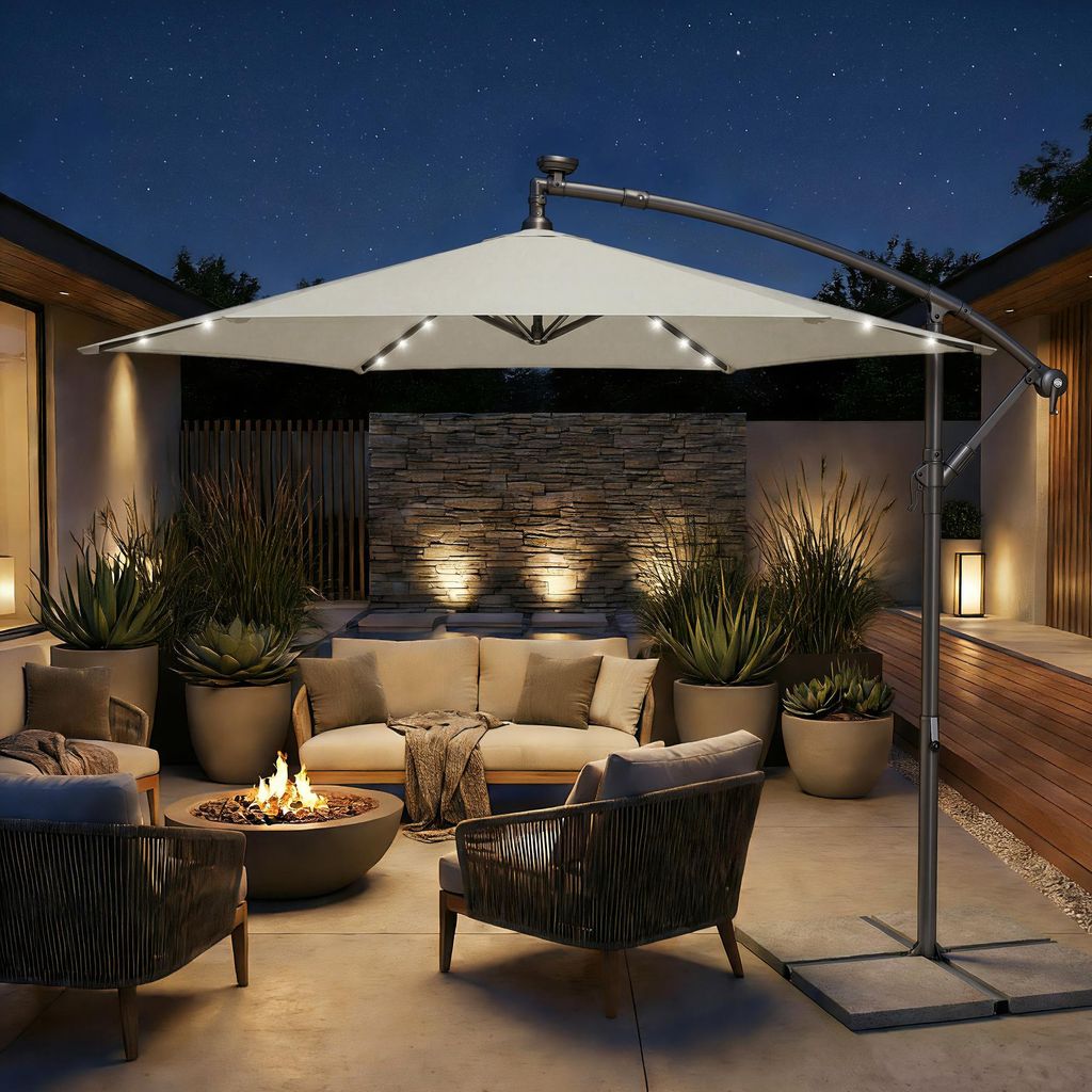 SONGMICS Sonnenschirm Ø 300 cm mit LED-Solar-Beleuchtung UPF 50+