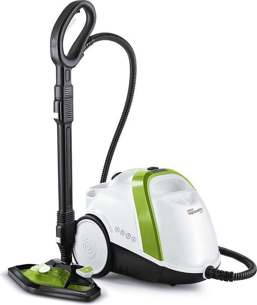 A white and green steam cleaner with a black handle and hose, shown on a white background.