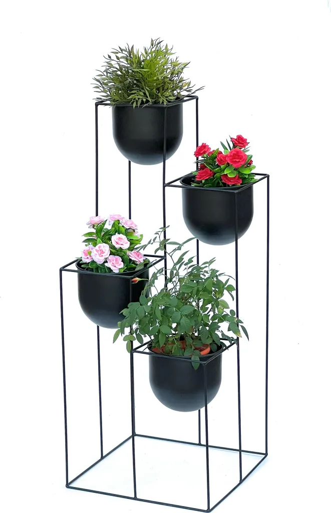 Support plantes intérieur type escalier fleurs en métal noir de 90cm