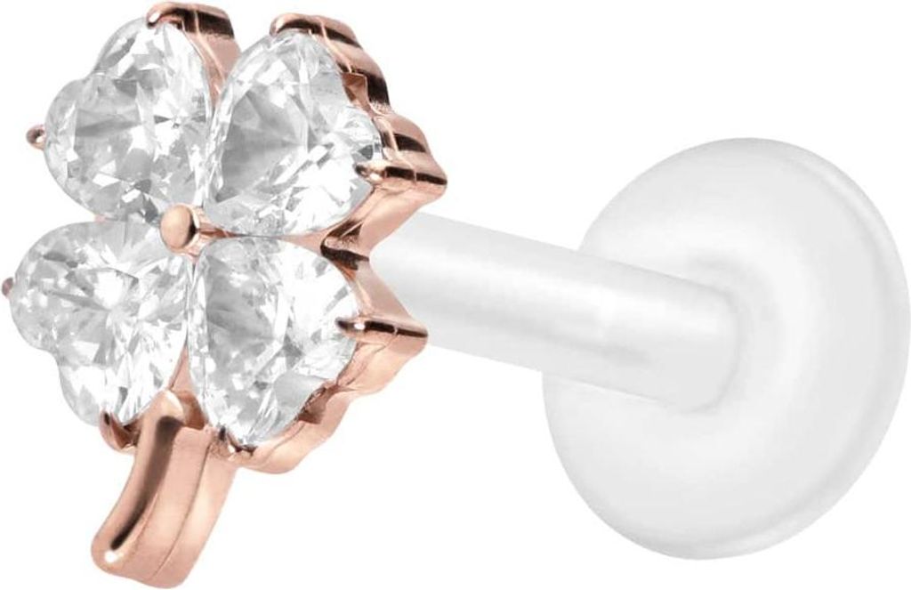 Ohrpiercing, Nasenpiercing PTFE Labret mit Innengewinde + Titan-Aufsatz KRISTALLKLEEBLATT RoséGold Stablänge: 8mm | Stabstärke: 1,2mm