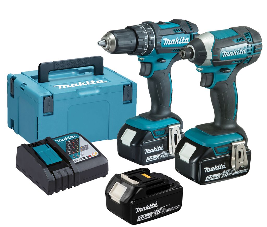 Makita DLX 2131 JX1 Akku Kombo Kit 18 V mit DHP 482 62 Nm + DTD 152 165 Nm + 3x Akku 3,0 Ah + Ladegerät + Makpac