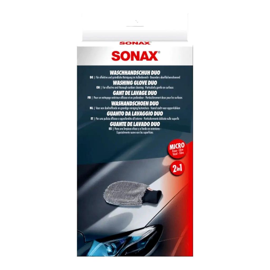 SONAX Duo Microfaser Waschhandschuh für kratzfreie Fahrzeugreinigung, entfernt hartnäckige Rückstände