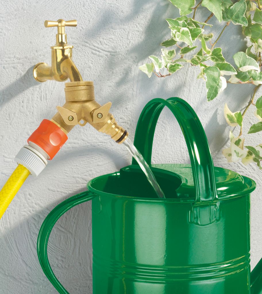 WENKO Wasserhahn DUO Wasser Doppelanschluss Aufsatz Garten Gartenschlauch mit Adapter passend für 3/4 und 1/2 Zoll Wasserhähne