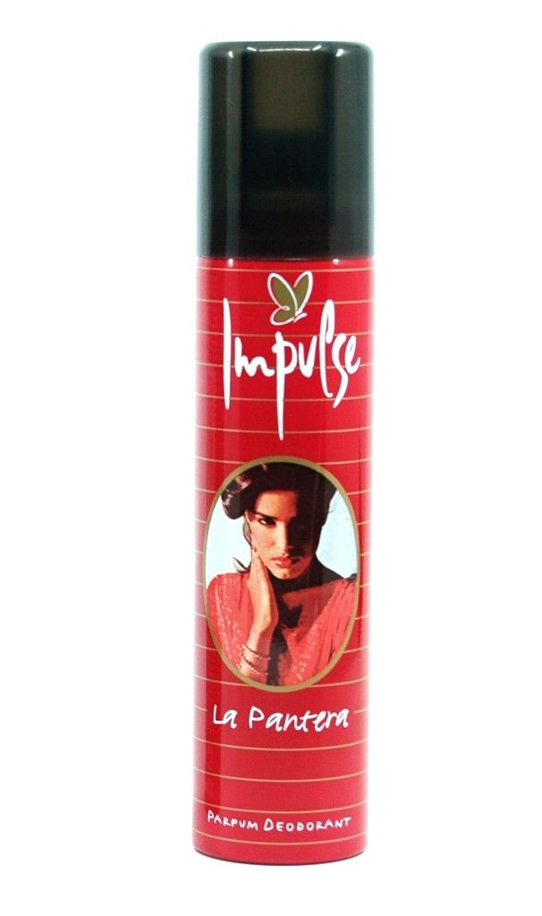A product shot of an Impulse La Pantera Deodorant Spray can.