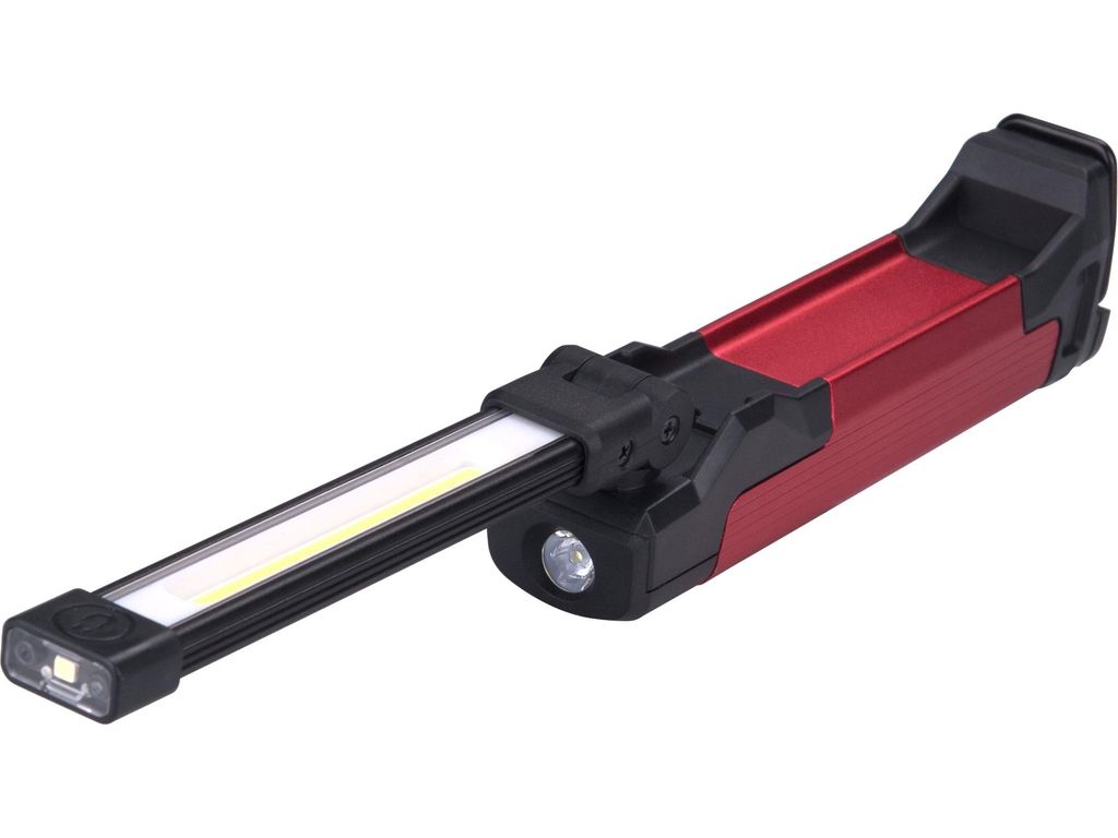 A red and black work light with a long LED strip and a smaller flashlight on a white background.