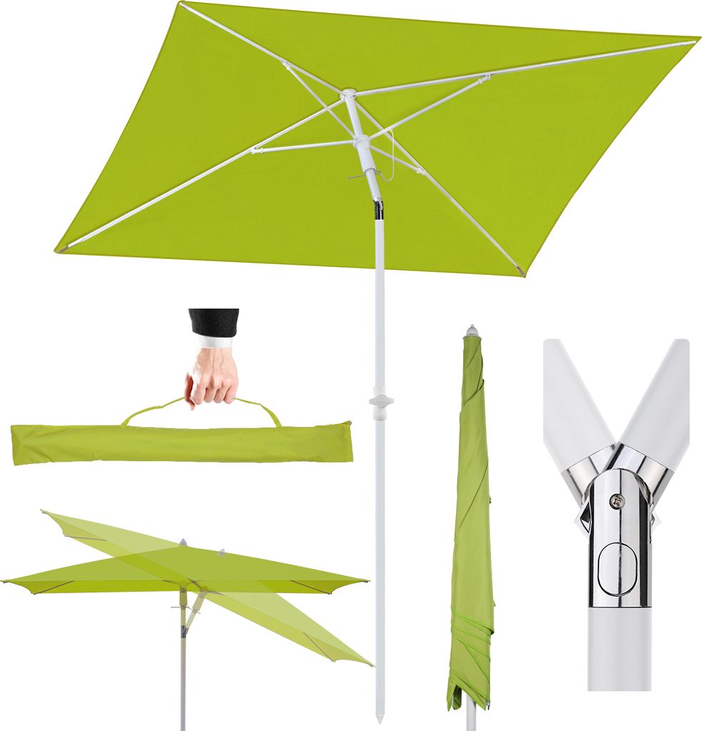 A collection of images showing a green rectangular umbrella in various states and components.