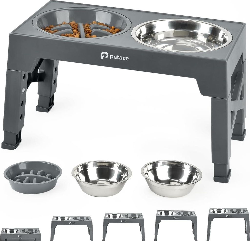 Dog Bowl Raised Feeding Bowl for Dogs, 2 x 1.2 L Stainless Steel Bowls and 0.8 L Leak-Proof Dog Bowl, Water Bowl Dog without Drooling, 5 Adjustable...